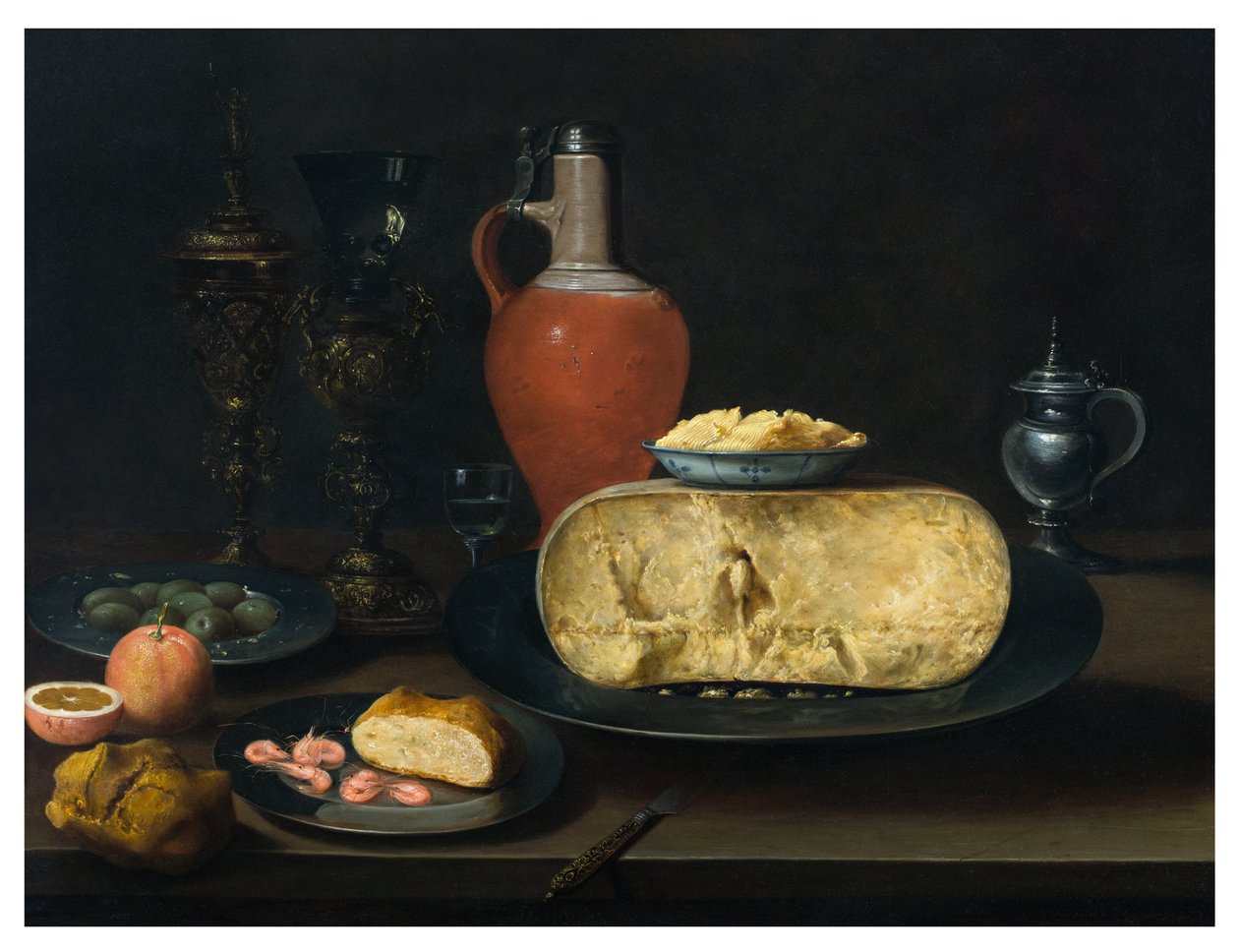 Et stilleben med ost, smør, brød, rejer, appelsiner, oliven og vin på et bord af Dutch School