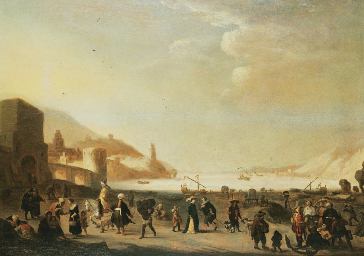 En havn med gadesælgere og bønder i forgrunden (panel) af Dutch School