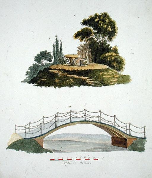 En rustik stol og et bord og en ornamental bro, fra "Magazine of Garden Gems" af G. van Laar, udgivet 1802 af Dutch School