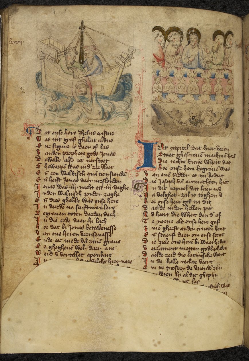 Tilføje. 11575, f.65v Jonas and the Whale, fra Spiegel van der Menschen Behoudenisse (oversættelse af Menneskets Frelses Spejl) (vellum) af Dutch School