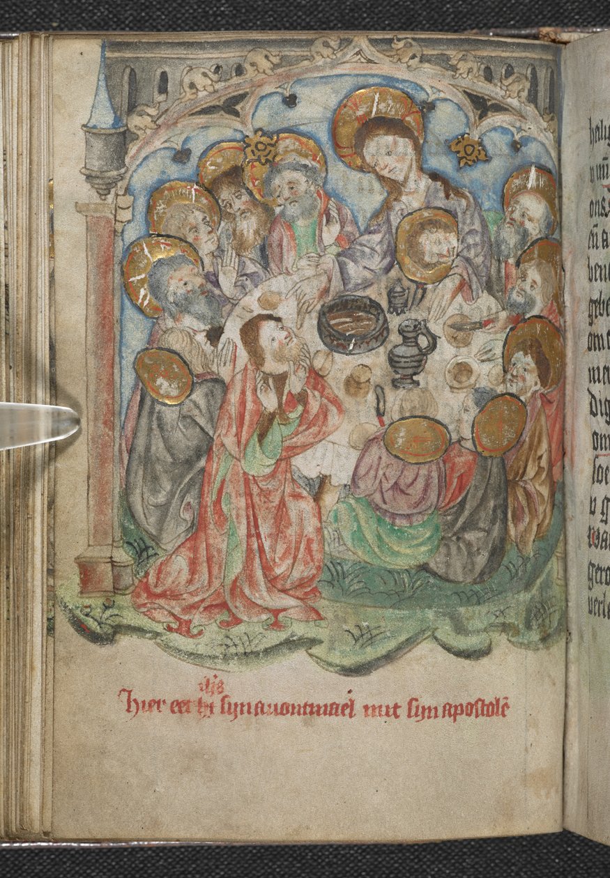 Tilføj 50005 f.85v, Den sidste nadver, ca. 1410-20 (vellum) af Dutch School