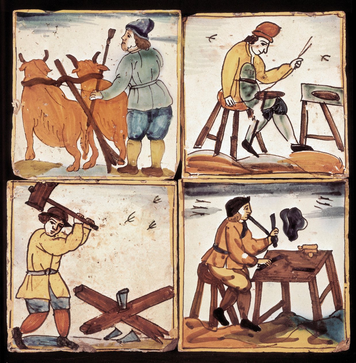Azulejos-panel: repræsentation af håndværk, bondearbejde, opsparer, brændekløver og en piberenser (keramik) af Dutch School
