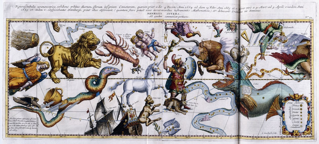 Himmelkort over stjernebillederne: Orion, Tyren, Vædderen, Fiskene osv., 1666-1668 af Dutch School