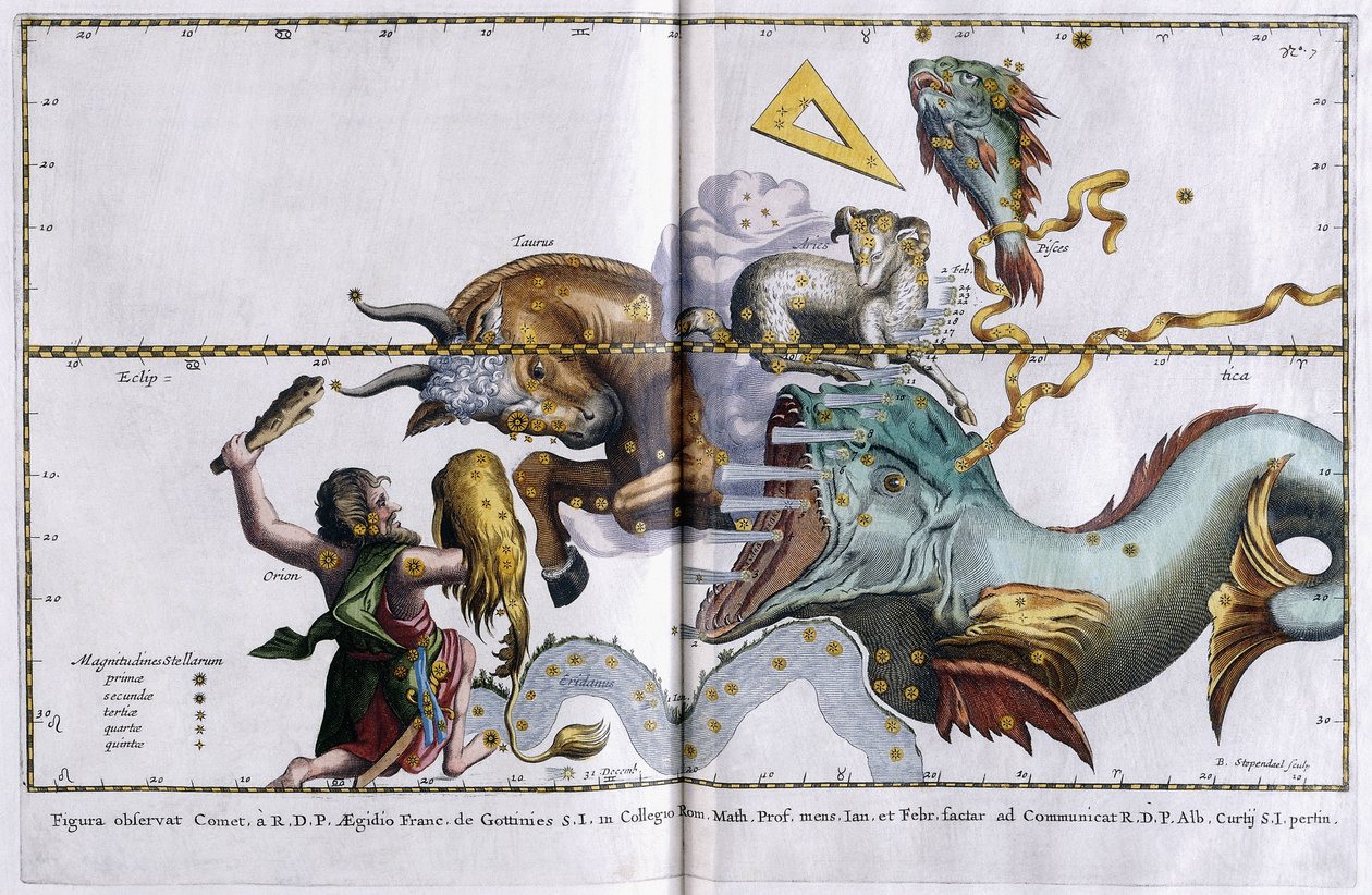 Himmelkort over stjernebillederne: Orion, Tyren, Vædderen og Fiskene, 1666-1668 af Dutch School