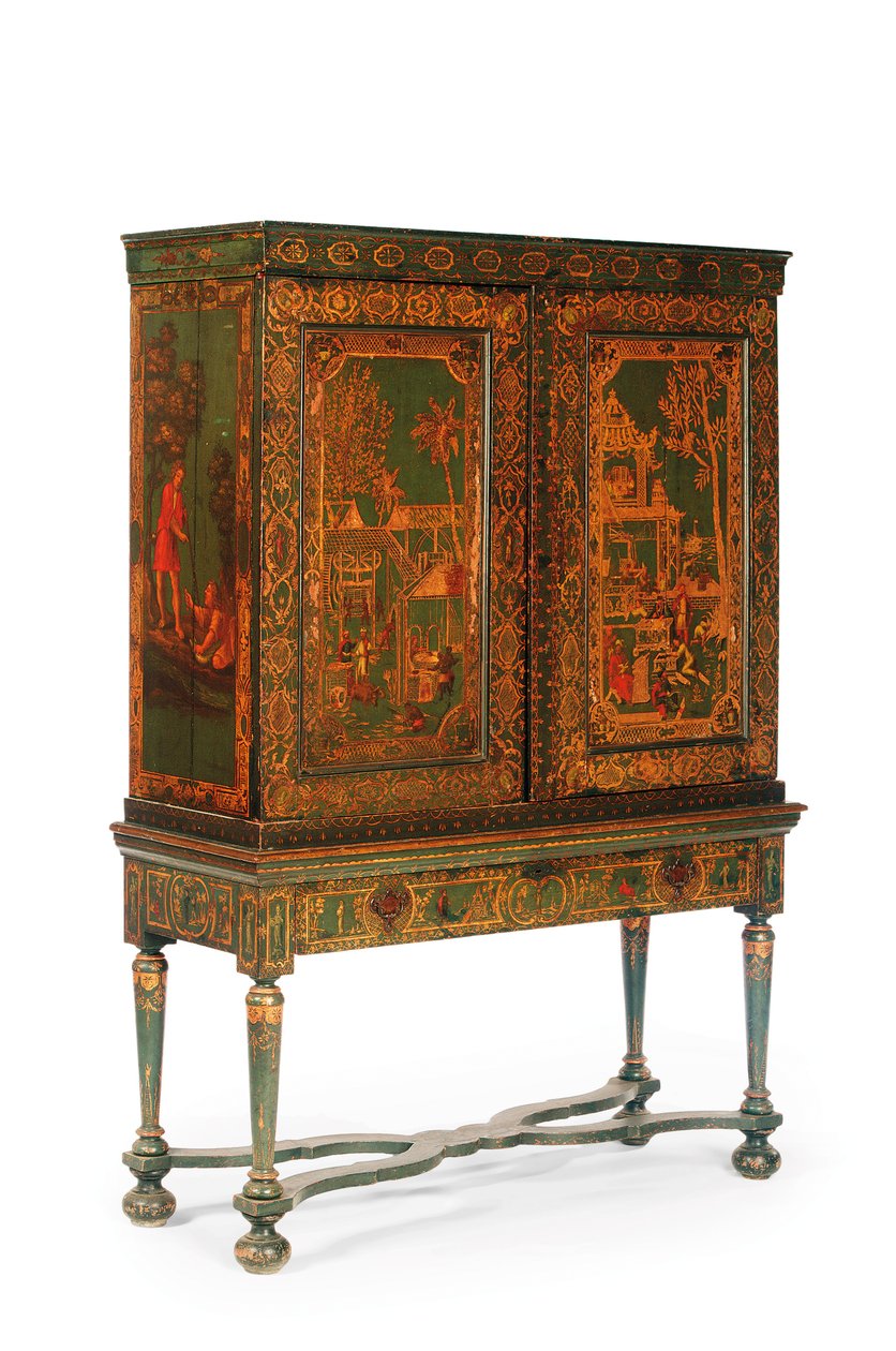 Samlerskab på stativ, ca. 1700-30 (forgyldt & grøn Japanning) (se også 780666-7) af Dutch School