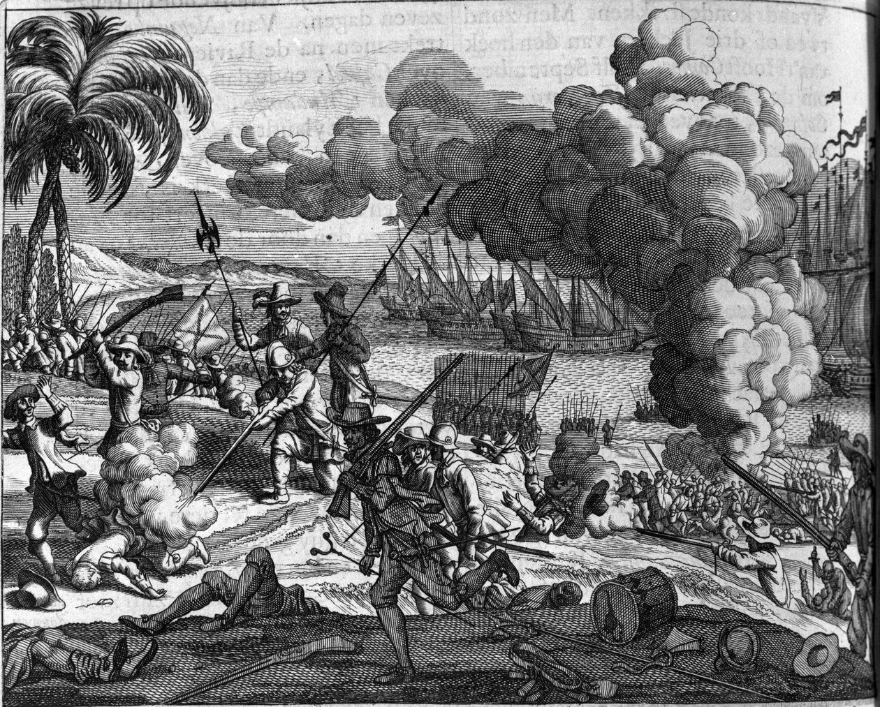 Kolonisering: de hollandske flåder jager portugisere fra Ceylon (det nuværende Sri Lanka eller Srilanka) i 1658. Hollandsk tryk fra "Afgoderye de oost-indische heydenen" (Beskrivelse af landene i det østlige Indien) af Philippus Baldaeus (eller Balde) (163 af Dutch School