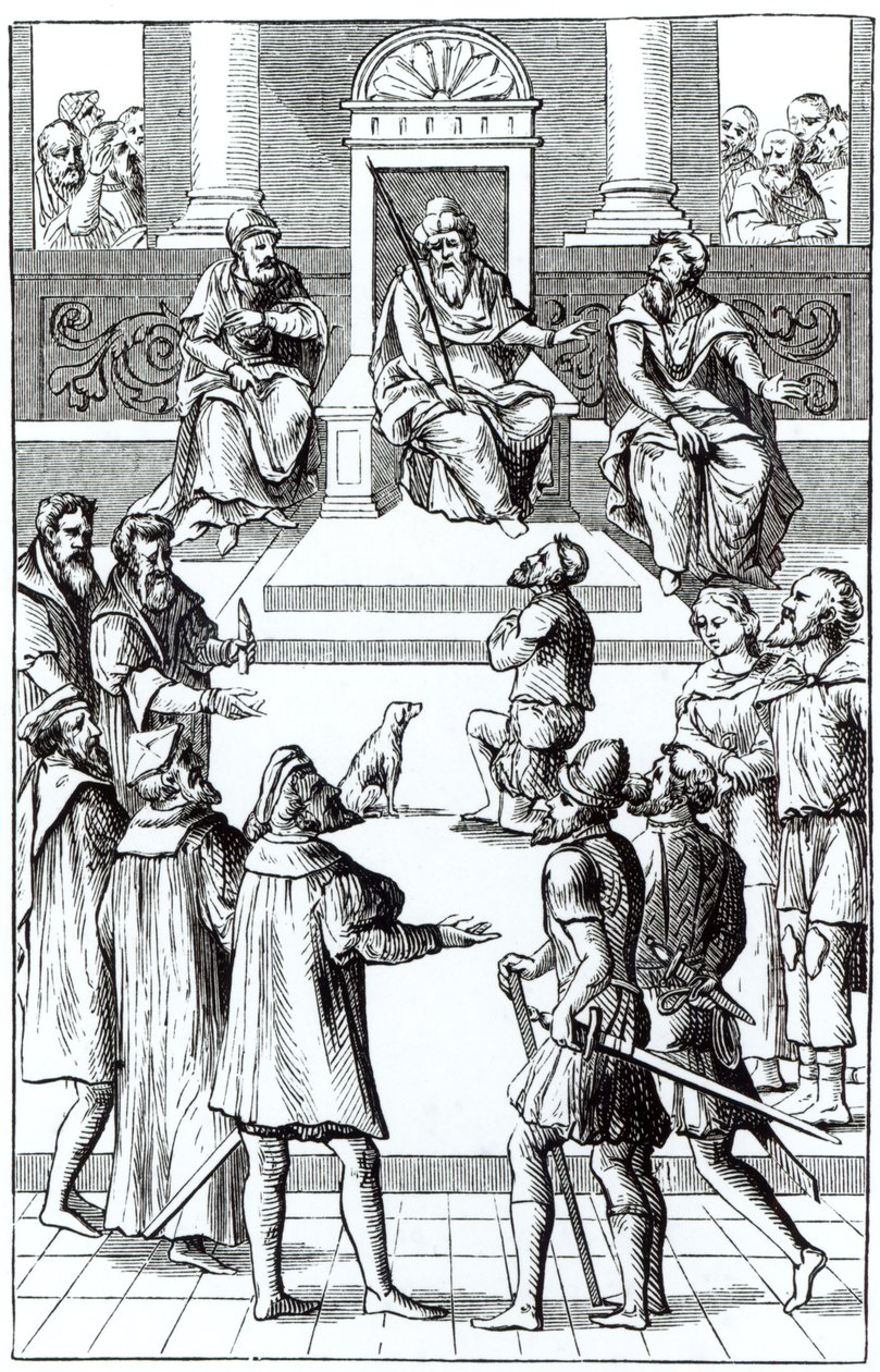 Tilståelse til ændring for domstolen, efter et træsnit i Praxis Rerum Criminalium af Joos de Damhouder (1507-81) udgivet Antwerpen, 1556 af Dutch School