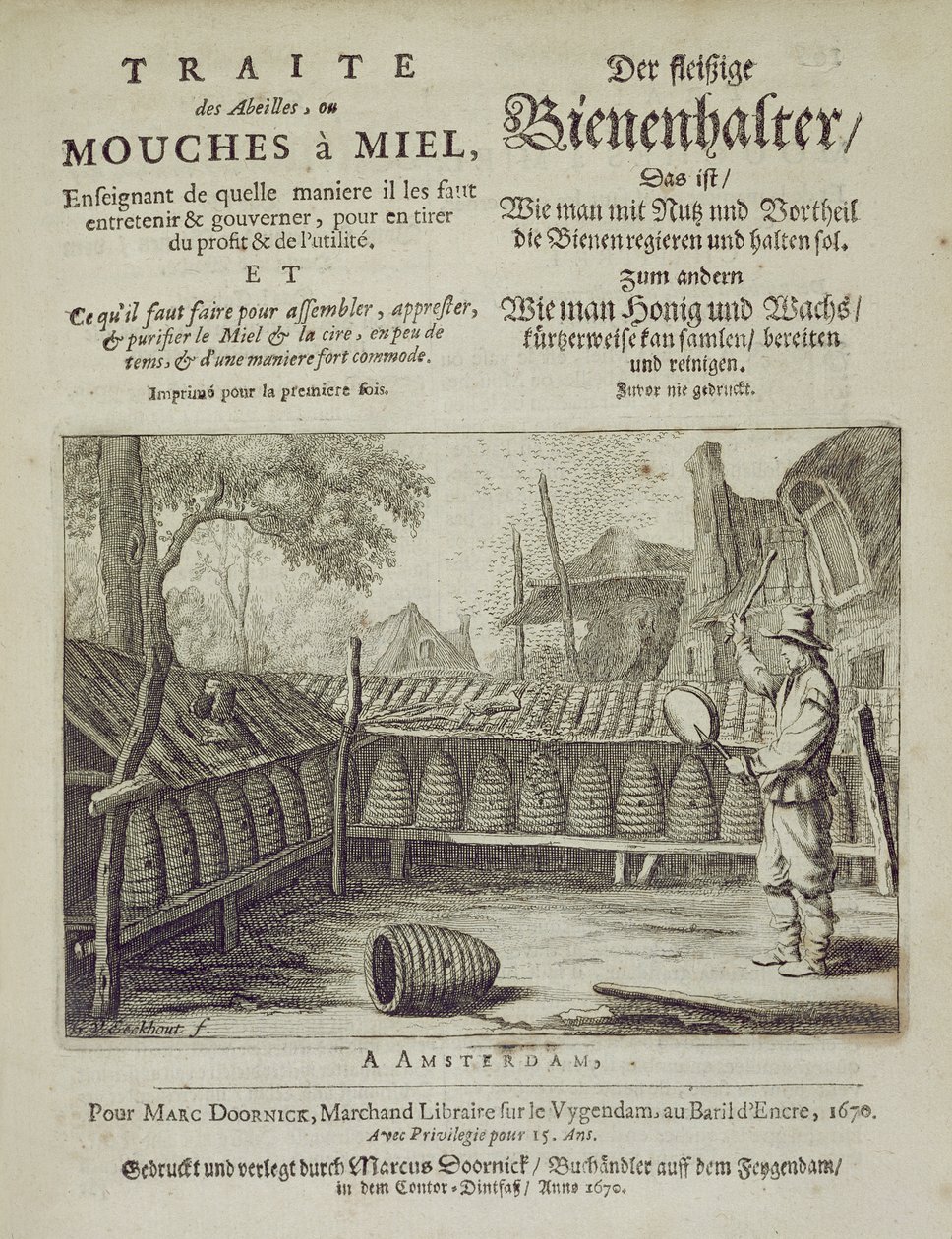 Omslag af Traite des Abeilles, ou Mouches a Miel... trykt på fransk og tysk, graveret af G.V.Eckhout, Amsterdam 1670 af Dutch School