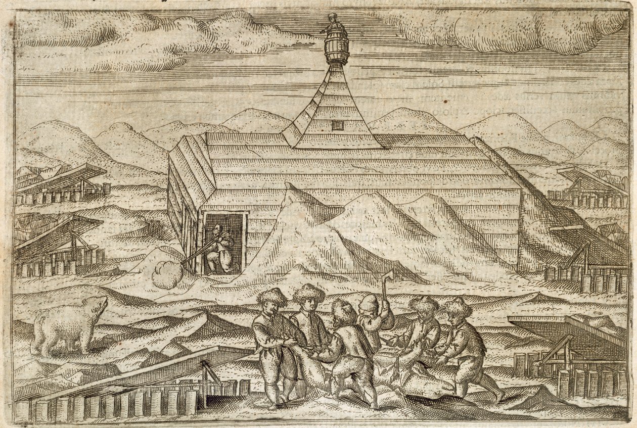 Besætning, der dræber og flåer bjørne, uden for kabinen, hvori ekspeditionen overvintrede, illustration fra 