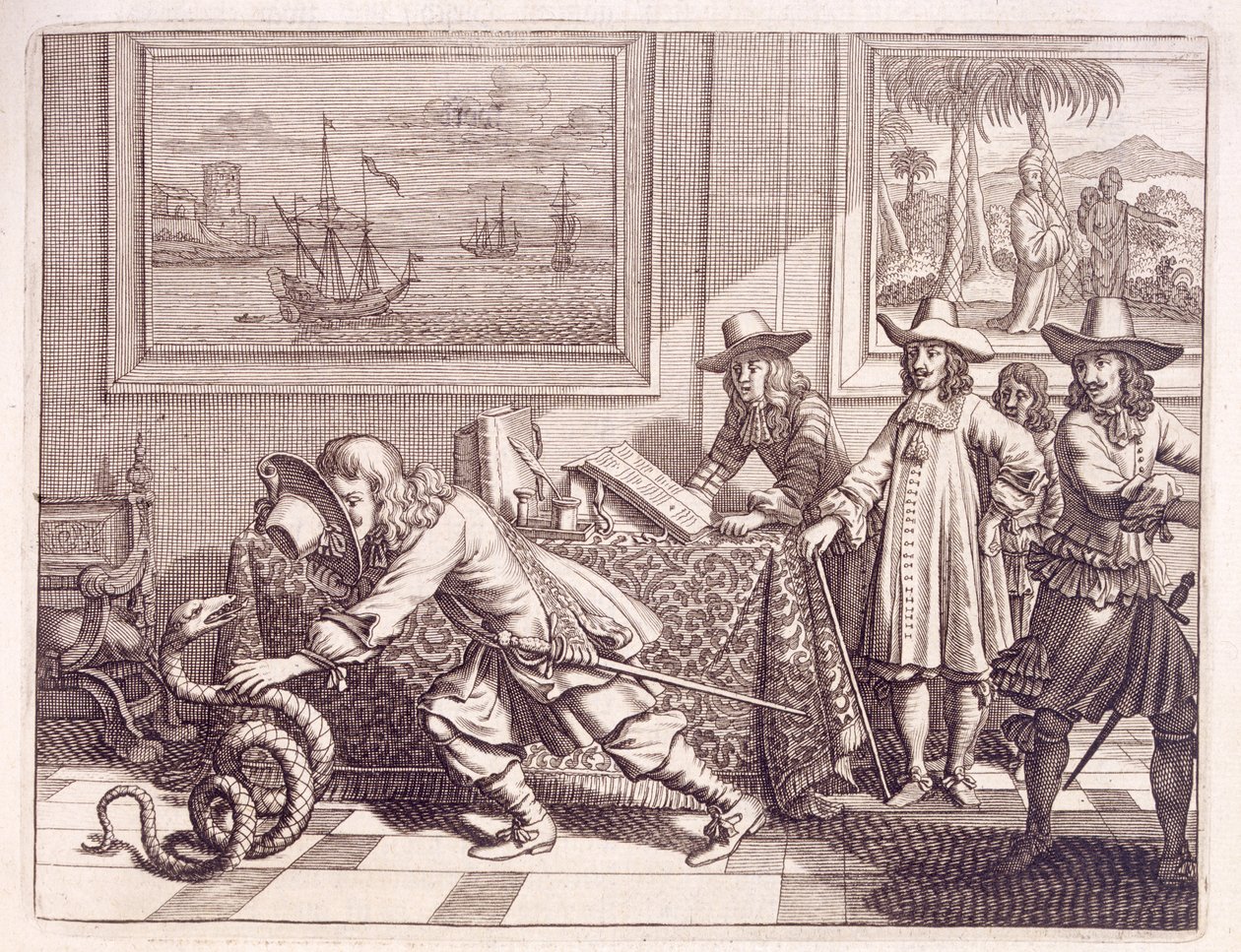 Beskæftiger sig med en kobra, der har invaderet de hollandske officersrum, 1672 af Dutch School