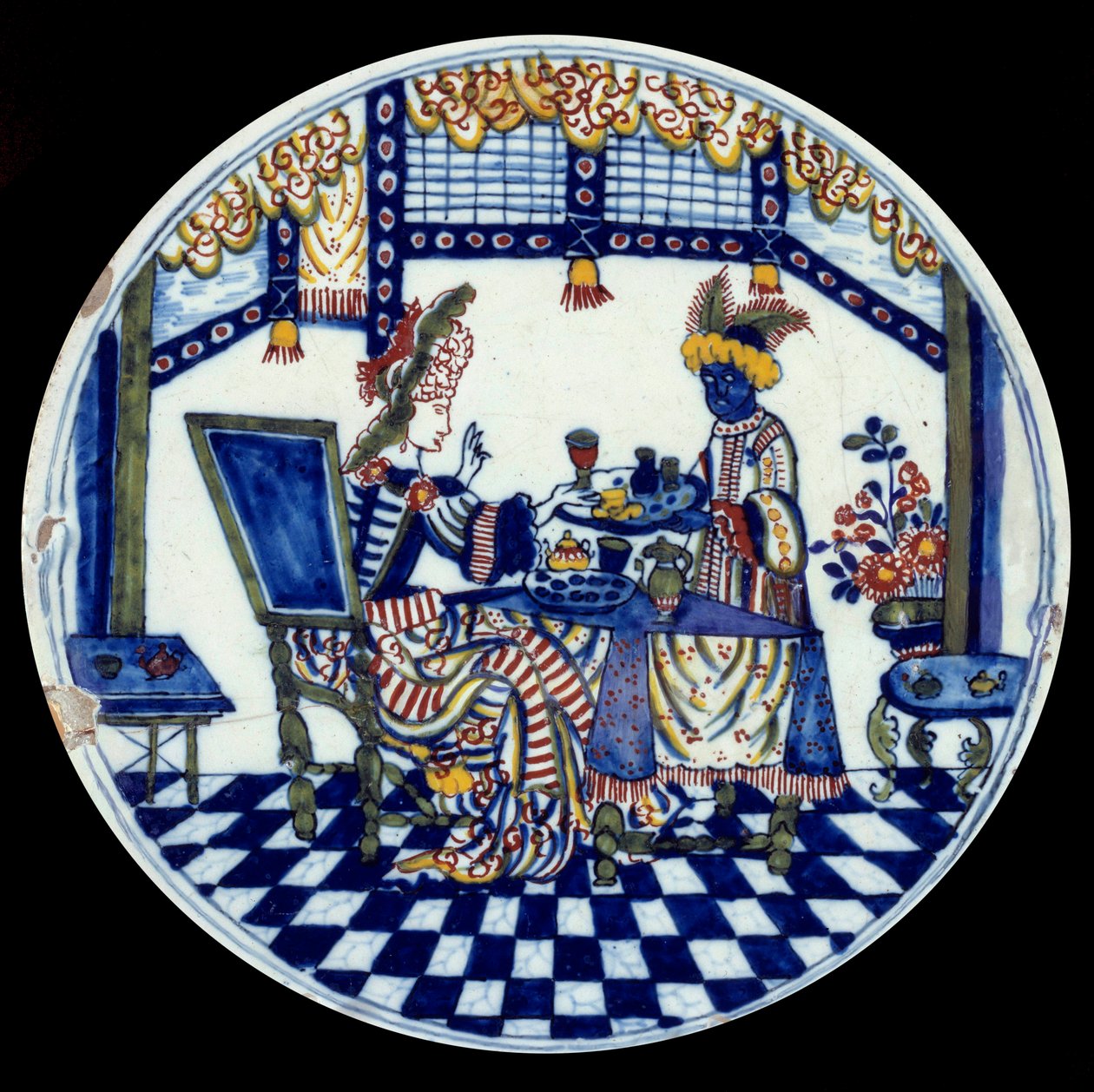 Delft porcelænstallerken, der forestiller en kvinde ved et bord serveret af hendes sorte tjener. 1705 Sevres, Nationalmuseet for Keramik af Dutch School