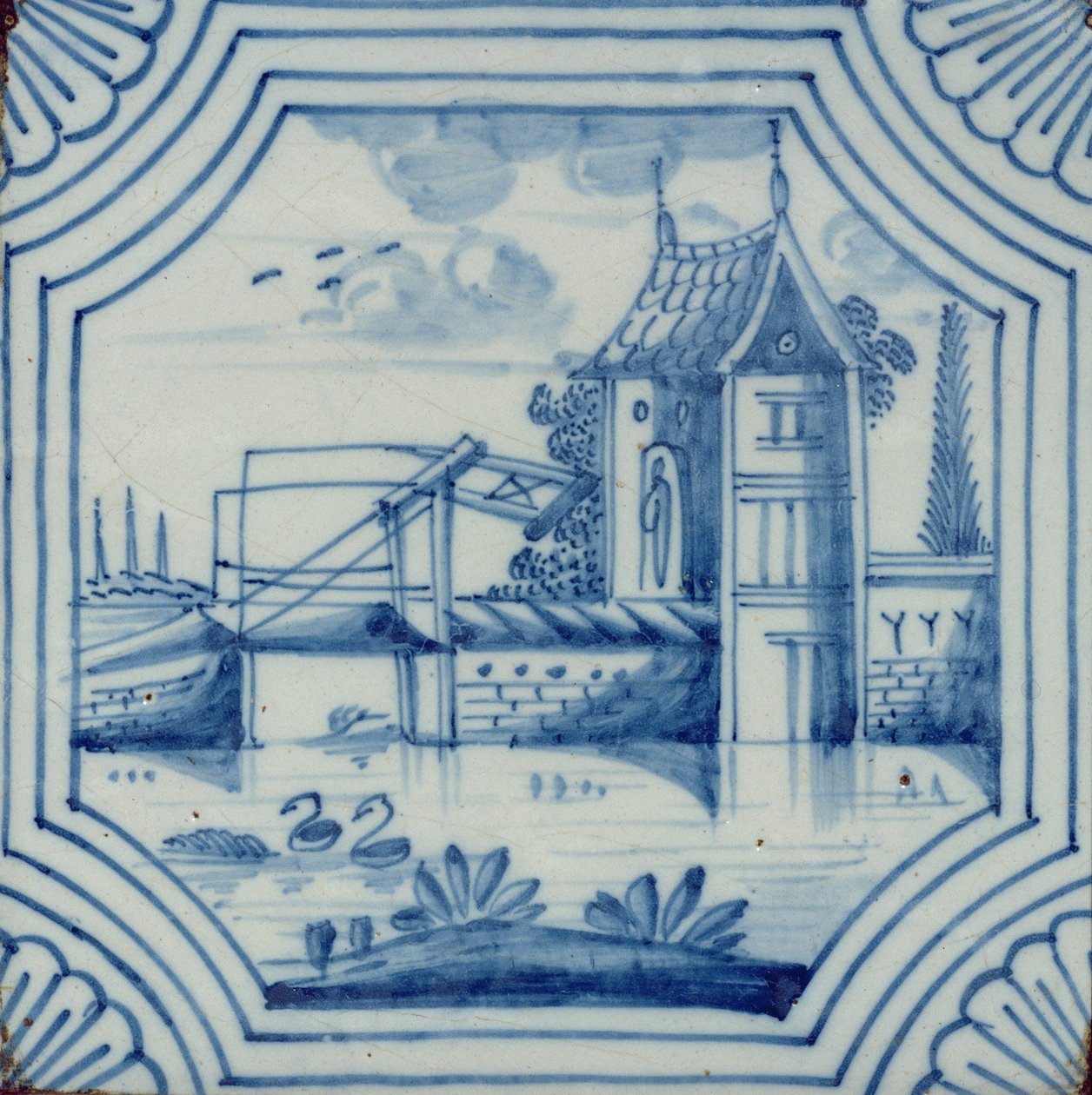 Delft flise, der viser en vindebro over en kanal, 1800-tallet af Dutch School