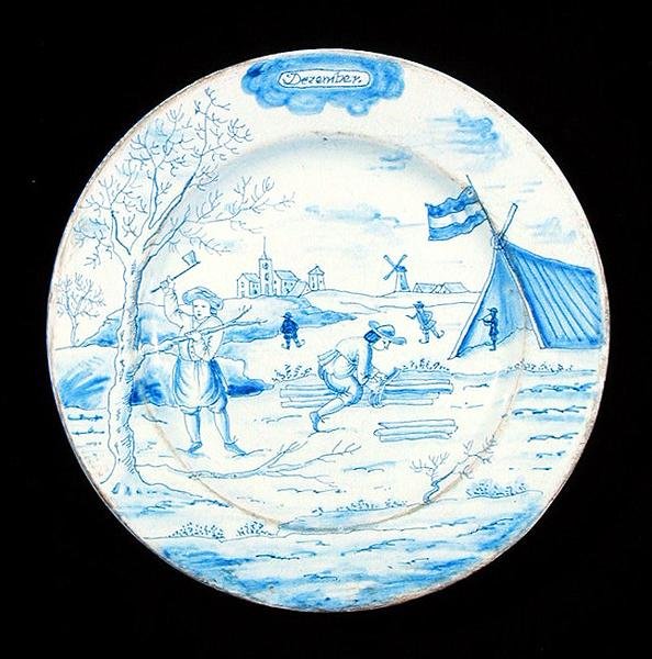 Delfttøjsplade, der viser december måned (blikglaseret fajance) af Dutch School