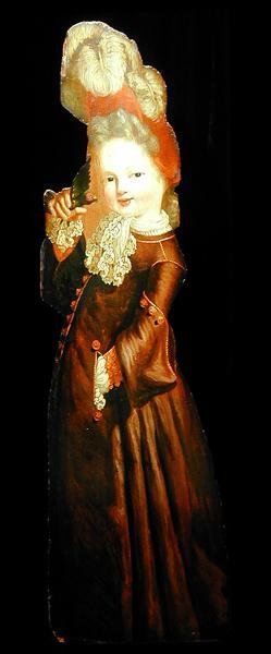 Dummy board figur af en pige, der holder en parakit (olie om bord) af Dutch School