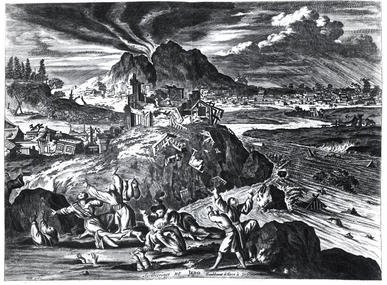 Jordskælv i Edo (Tokyo) i 1659, illustration fra Arnold Montanus