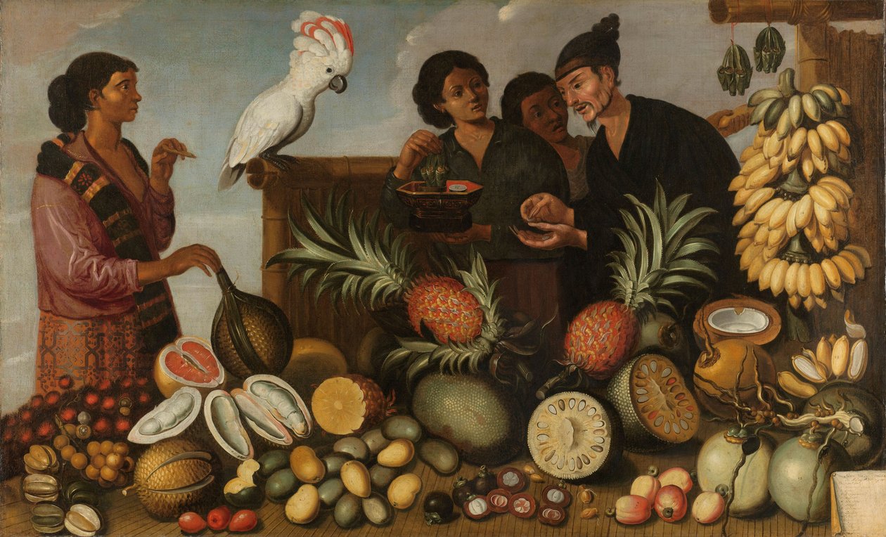 Østindiske markedsbod i Batavia, 1640-66 af Dutch School