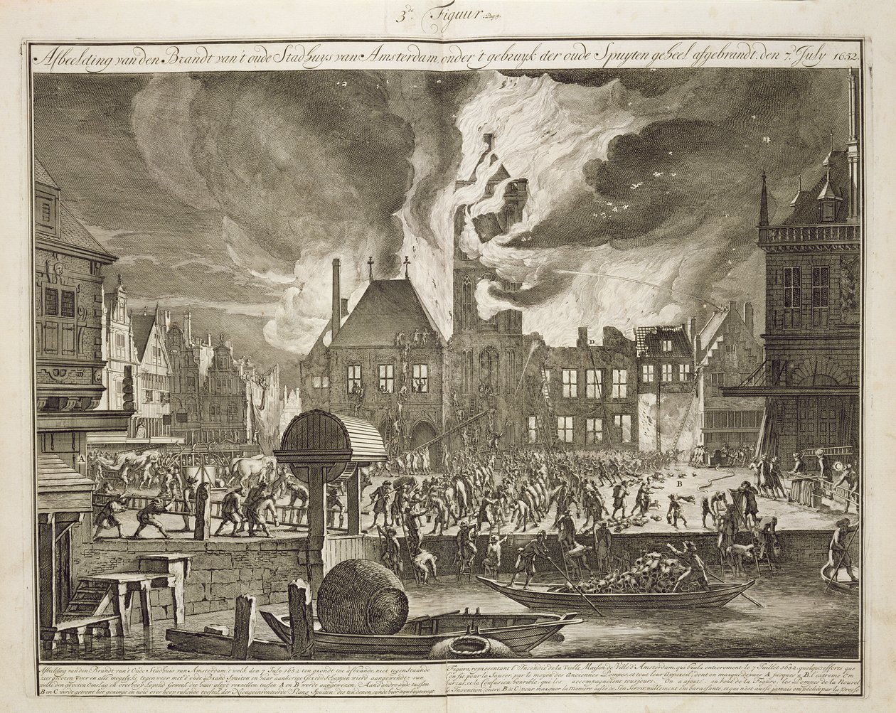 Brand ved det gamle Amsterdams rådhus, 17. juli 1652, fra en bog om brandbekæmpelse i Holland, udgivet ca. 1700 af Dutch School