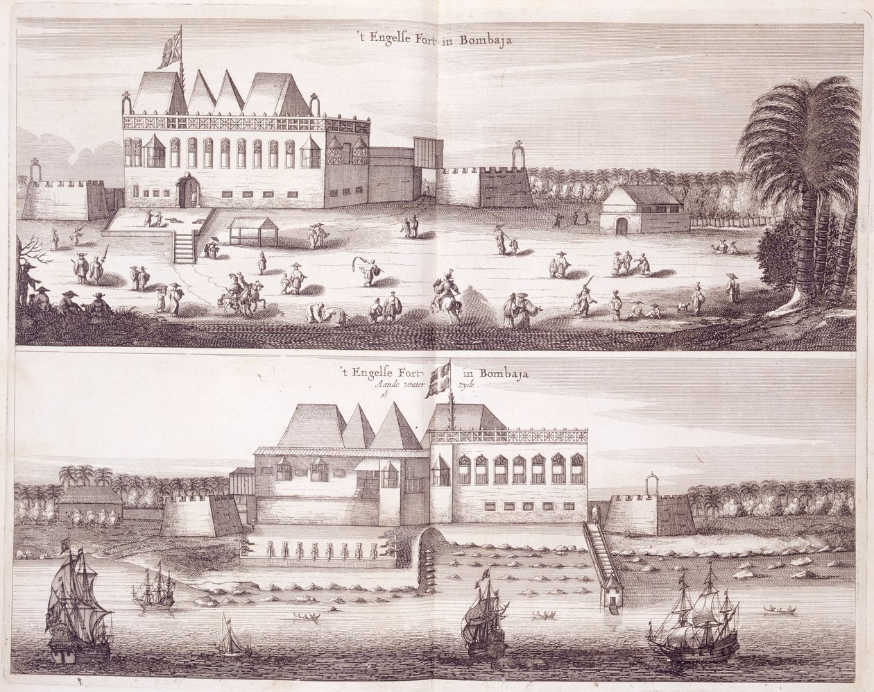 Udsigt foran og ved vandet af det engelske fort i Bombay, 1672 af Dutch School