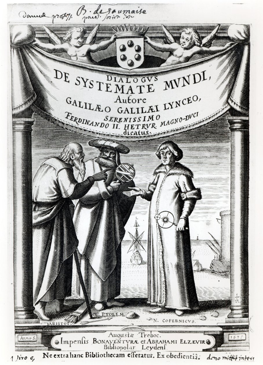 Frontispice af Dialogus De Systemate Mundi af Galileo (1564-1642), udgivet i Leyden 1635 af Dutch School