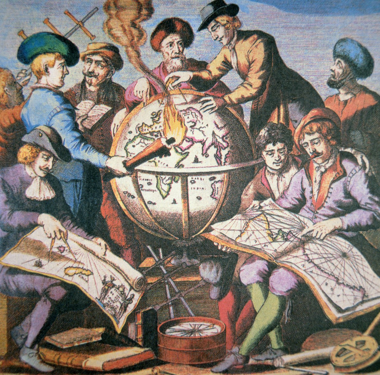 Frontispice af hollandsk kortatlas, der viser en gruppe kartografer og instrumenter, ca. 1710 (farve litho) af Dutch School