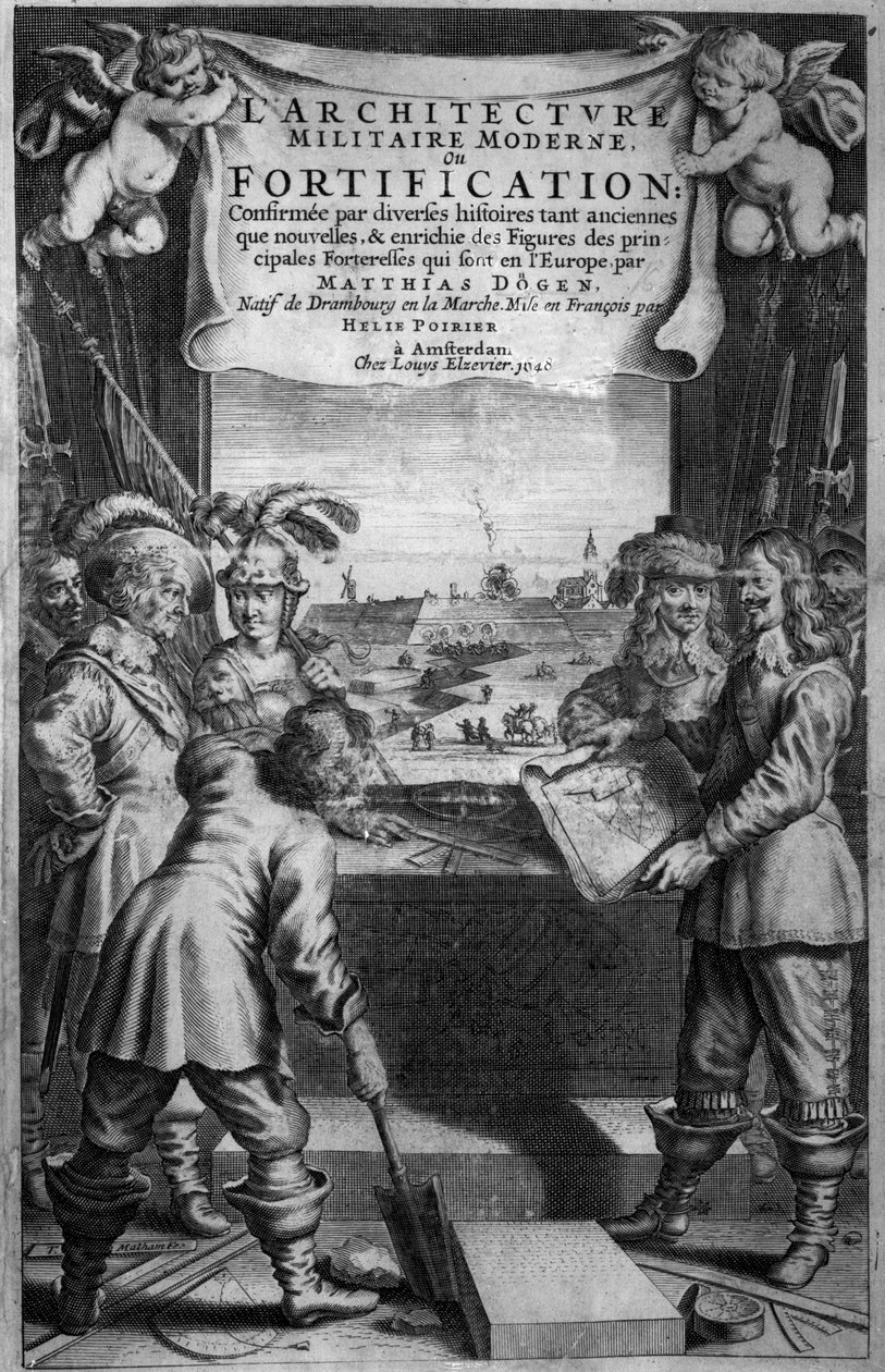 Frontispice til LArchitecture Militaire Moderne, ou Befæstning af Matthias Dogen, indgraveret af Theodor Matham (ca. 1606-76), pub. af Chez Louis Elzevier, Amsterdam, 1648 af Dutch School