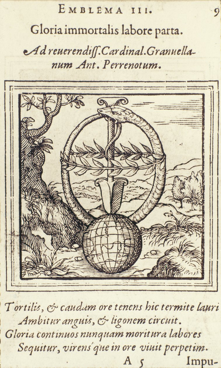 Det udødelige arbejdes herlighed vandt, illustration fra Emblemata af Adrianus Junius, udgivet af Christophe Plantin, Anvers, 1565 af Dutch School