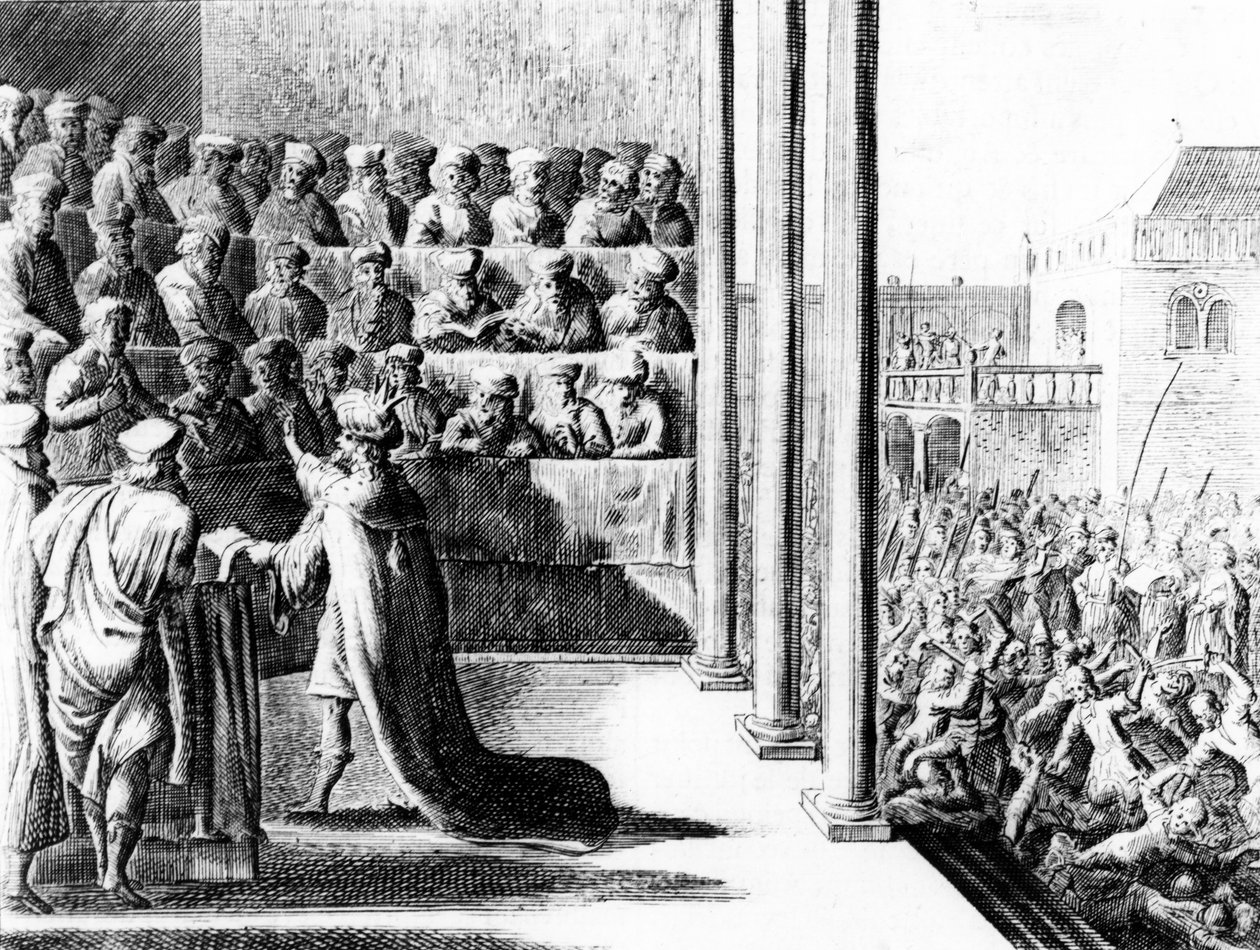 Herodes den Store anklager sine sønner, Alexander og Aristobulus, for forræderi. ca. 1700 af Dutch School