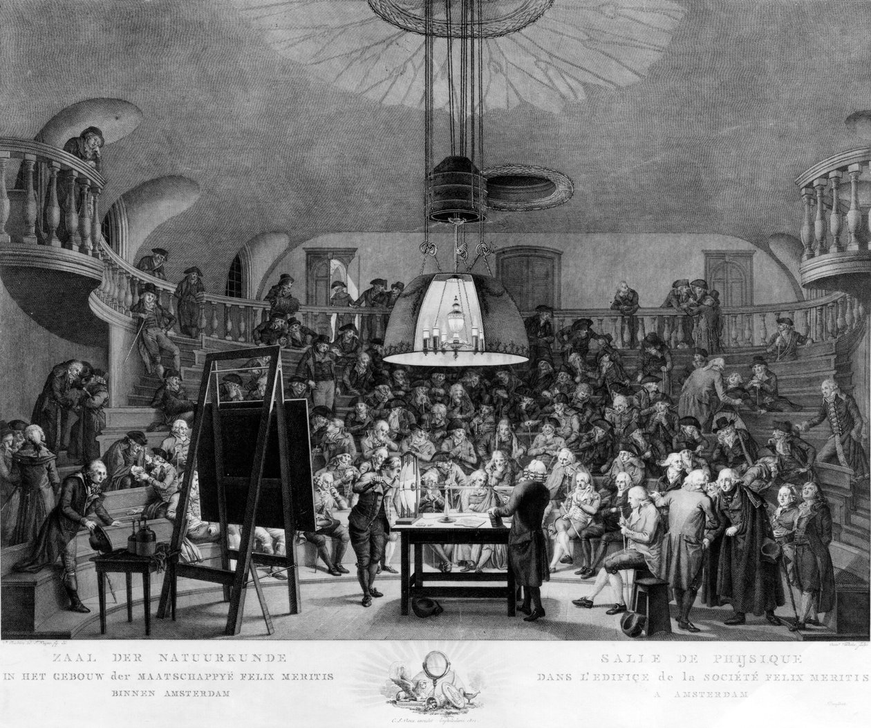 J. H. van Swinden, demonstrerer produktionen af elektricitet til Felix Meritis Society, Amsterdam, ca. 1800 af Dutch School