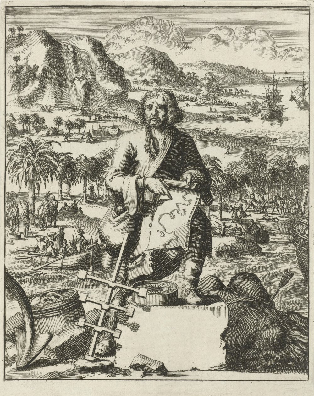 Louis Hennepin går i land i Nordamerika, udg. 1688 (kobberstik) af Dutch School