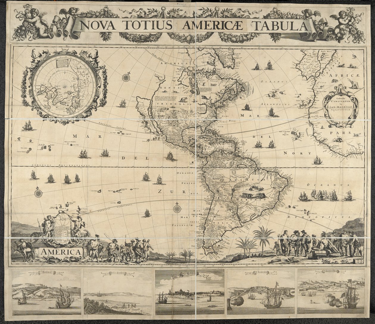 Kort over Amerika, Nova totius Americae Table, [med udsigt over] Panama, Caput S. Augustini, New Amsterdam, S. Frelser, Navn D. Gud. Tegnet af J. Mathysz af Dutch School