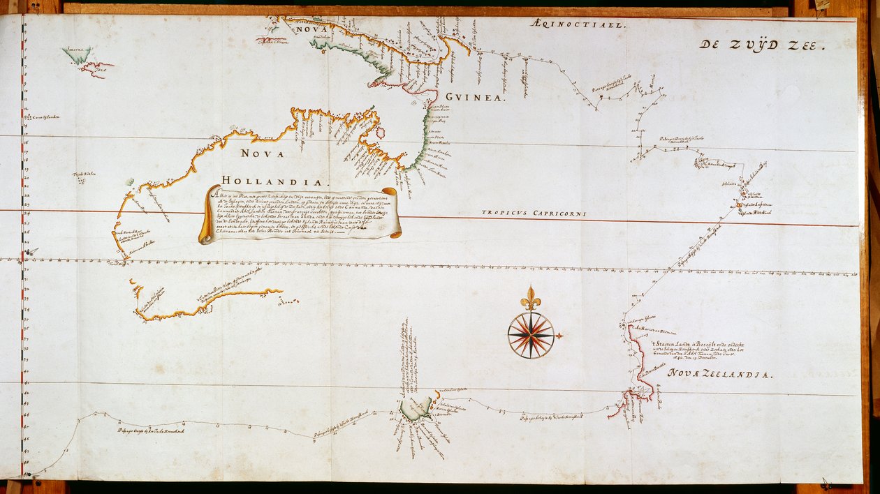 Kartta New Hollandista, nykyisestä Australiasta, ja Uudesta-Seelannista, joka on tehty Abel Janszoon Tasmanin (1603-1659) ja Willem Janszoonin (1570-1630) matkojen aikana keräämistä tiedoista af Dutch School