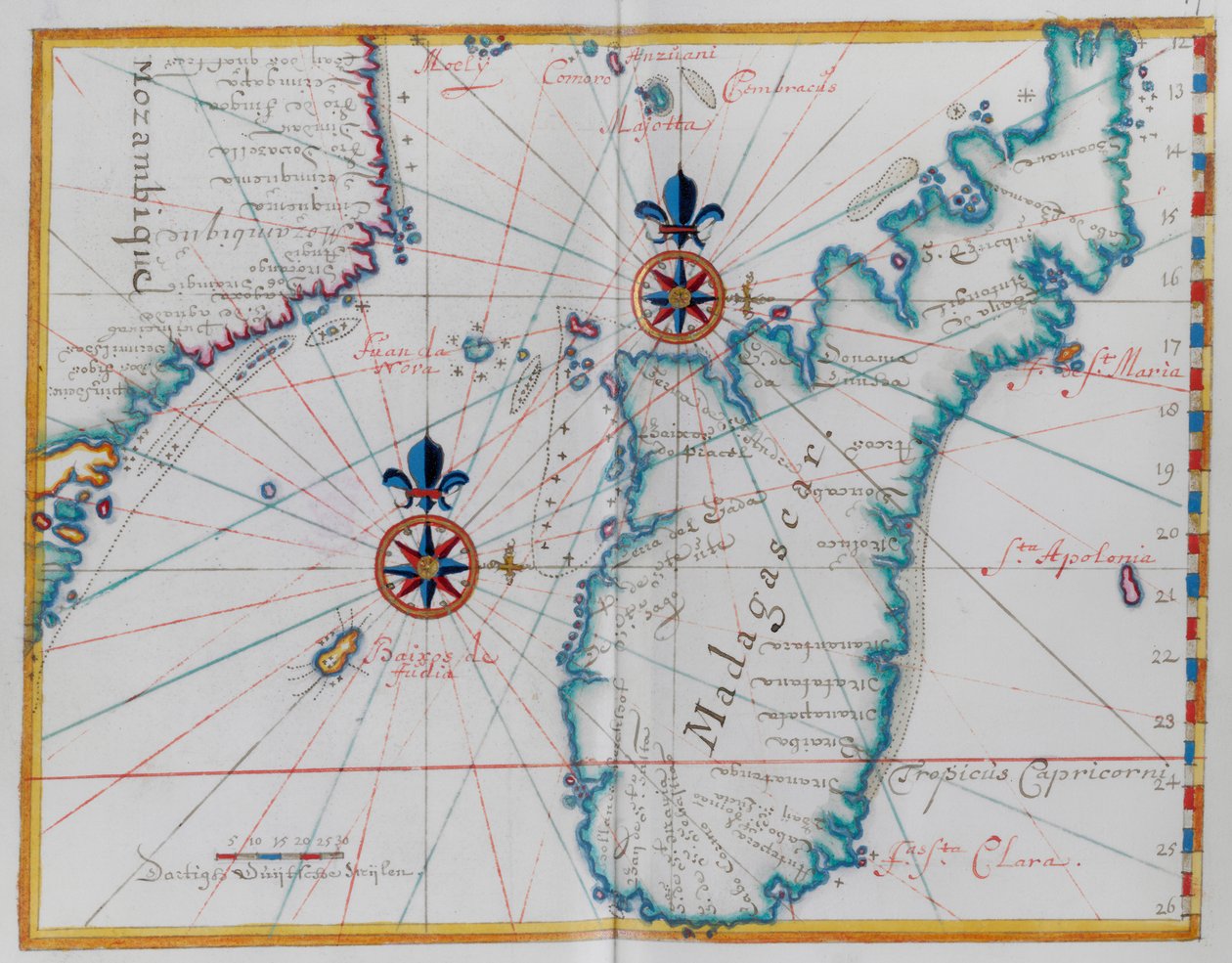 Kort over en del af Mozambiques kyst og øen Madagaskar. af Dutch School