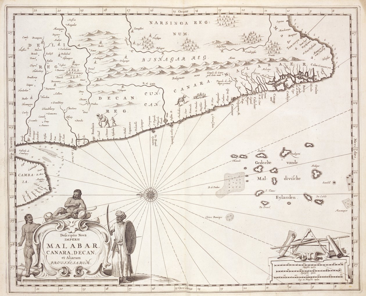 Kort over Malabars kyst, Ostindien, 1672 af Dutch School
