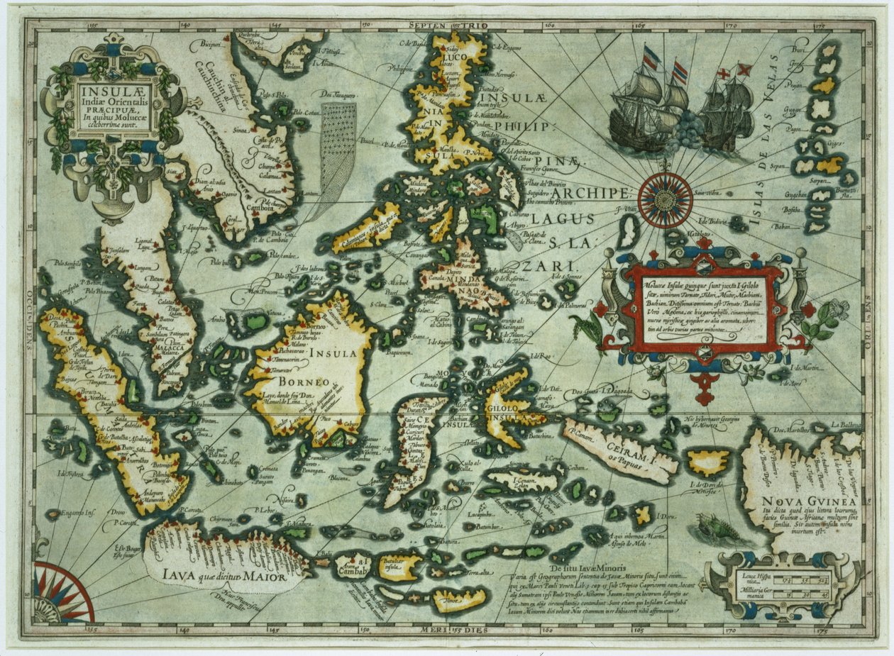 Kort over Østindien, pub. 1635 i Amsterdam (håndkoloreret gravering) af Dutch School