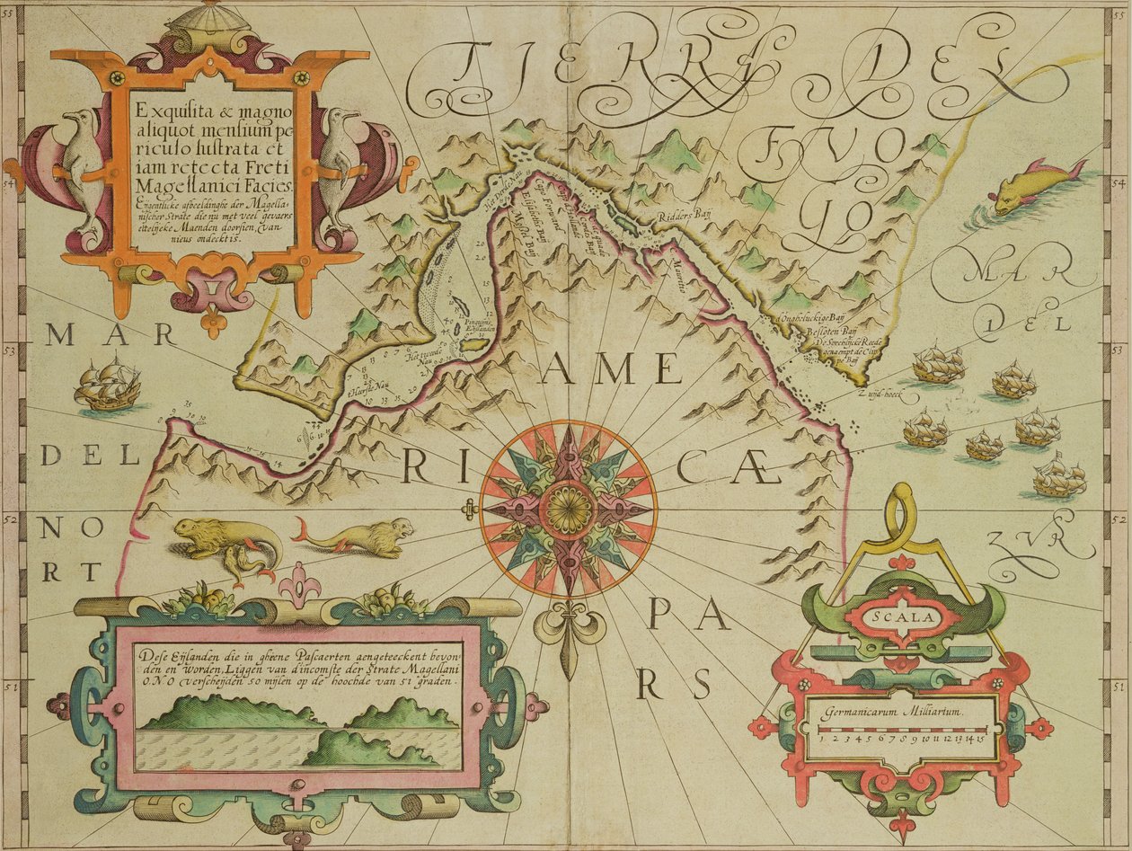Kort over Magellan-strædet, Patagonien, fra pubben Mercator Atlas. af Jodocus Hondius (1563-1612) Amsterdam, 1606 af Dutch School
