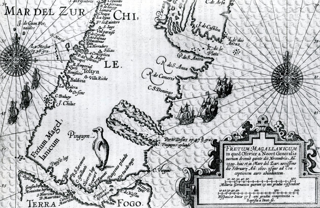 Kort over Magellan-strædet, plade fra Oliver van Noorts beskrivelse af hans rejse, 1602 af Dutch School