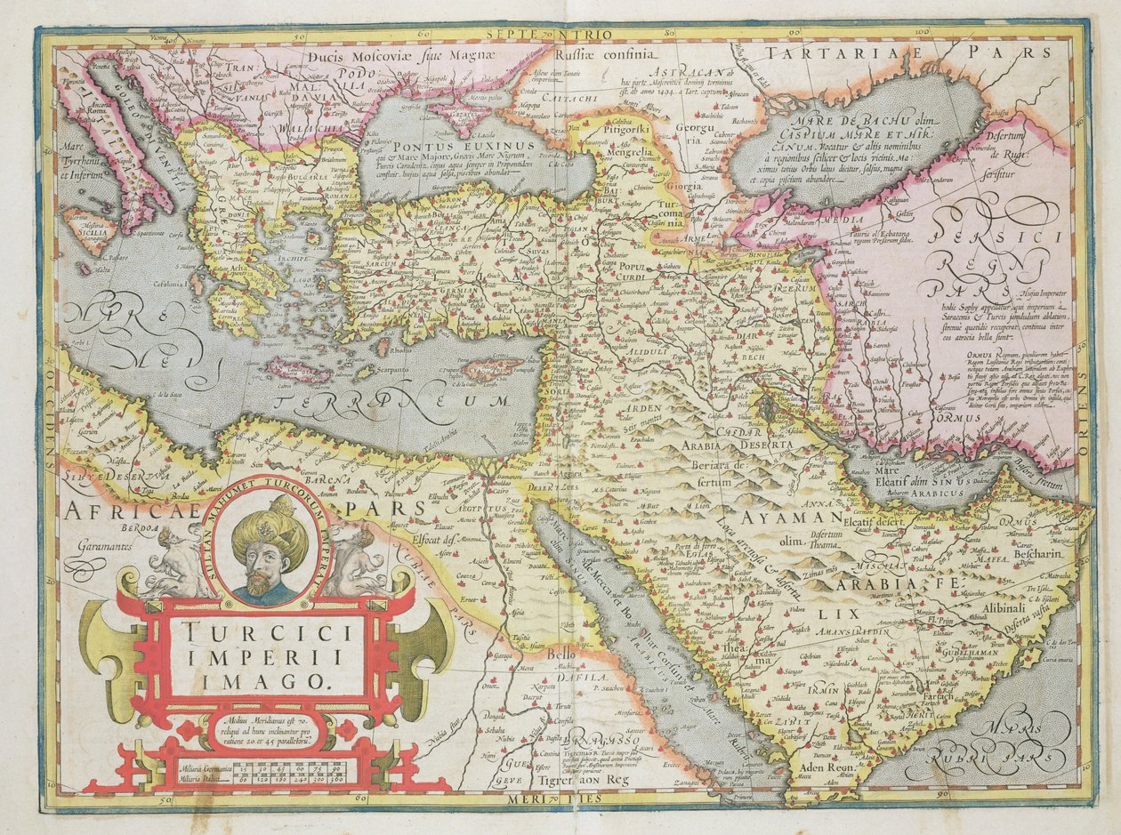Kort over det tyrkiske imperium fra Mercator Atlas pub. af Jodocus Hondius (1563-1612) Amsterdam, 1606 af Dutch School
