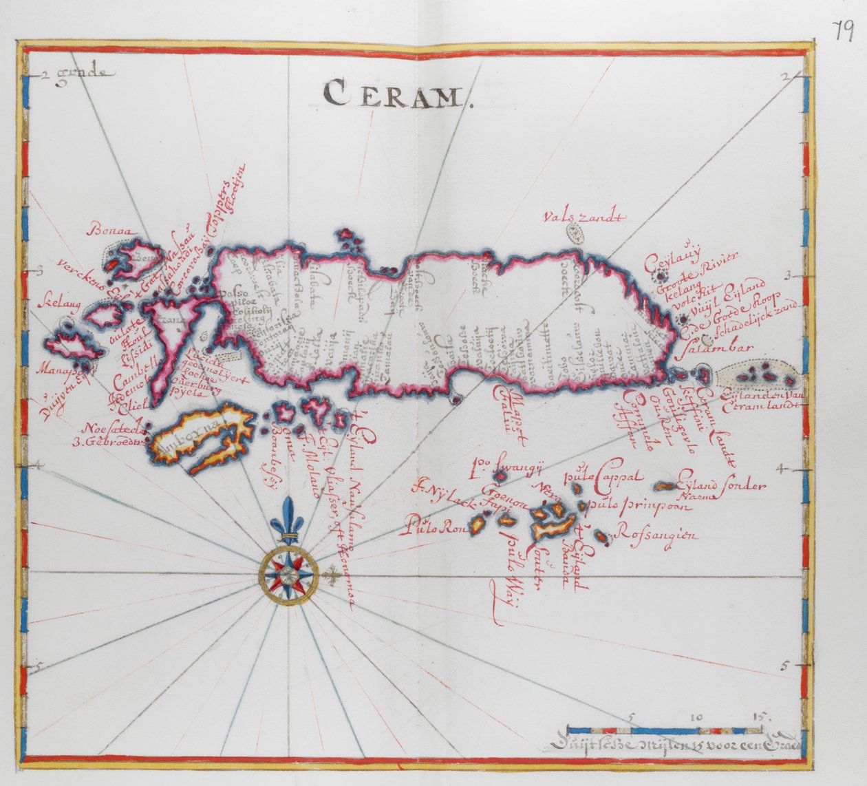 Kort over øen Ceram (Seram), Indonesien. af Dutch School