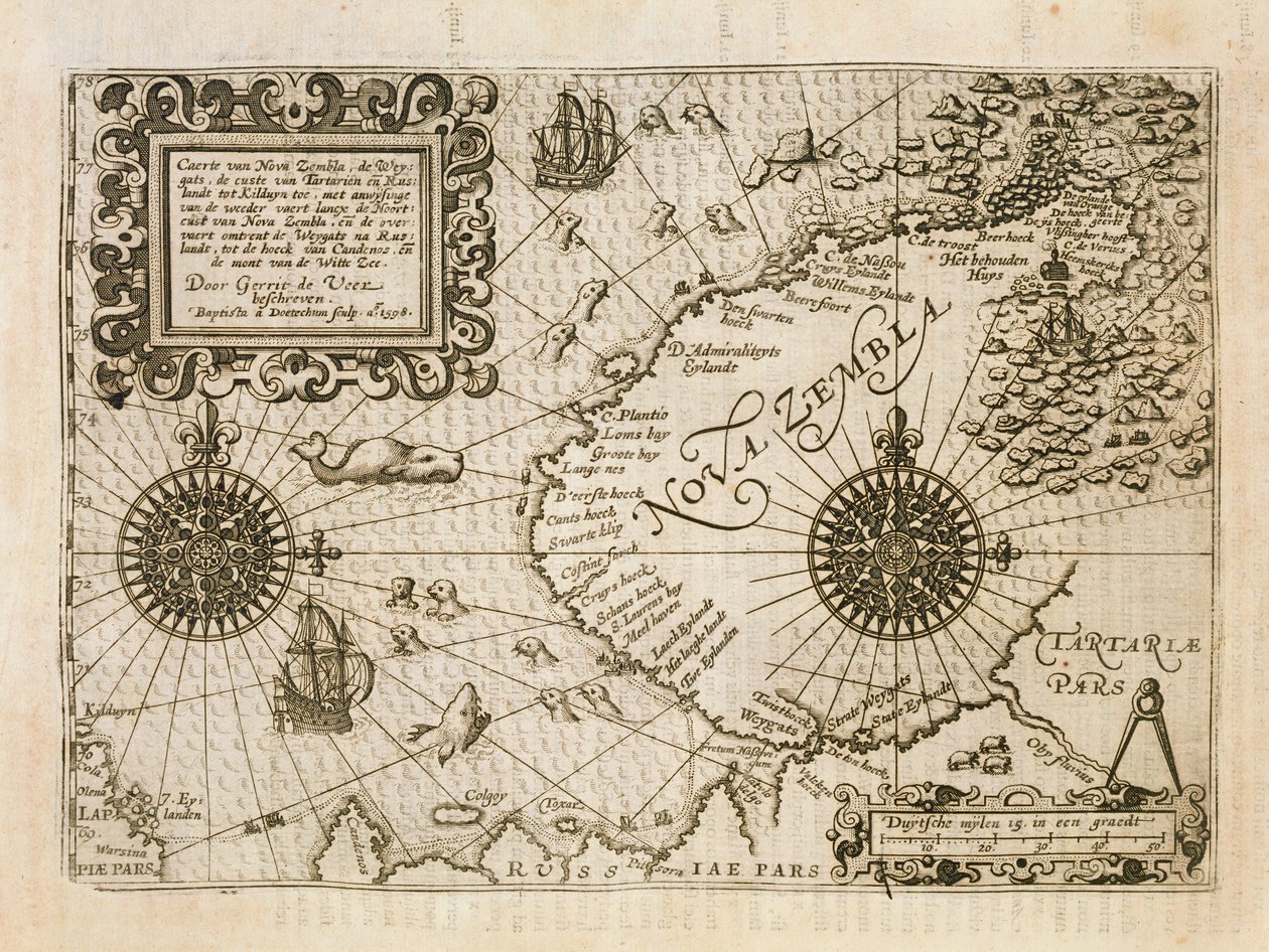 Kort over den nyopdagede Nova Zembla, illustration fra Diarium Nauticum eller den sande beskrivelse af tre beundringsværdige rejser... af Dutch School