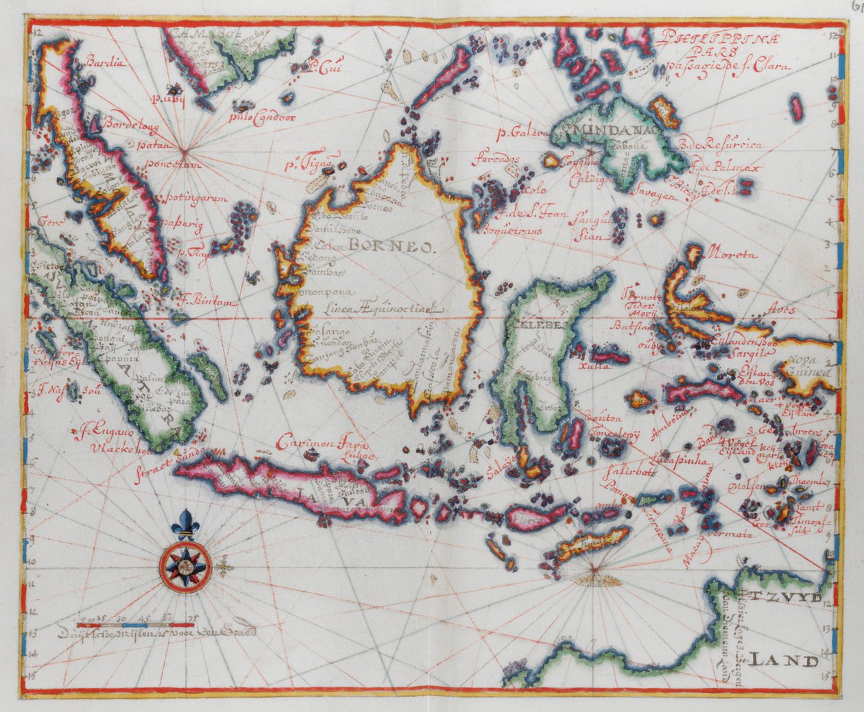 Kort, der viser Borneo, Clebes (Sulawesi), Java og andre indonesiske øer. af Dutch School
