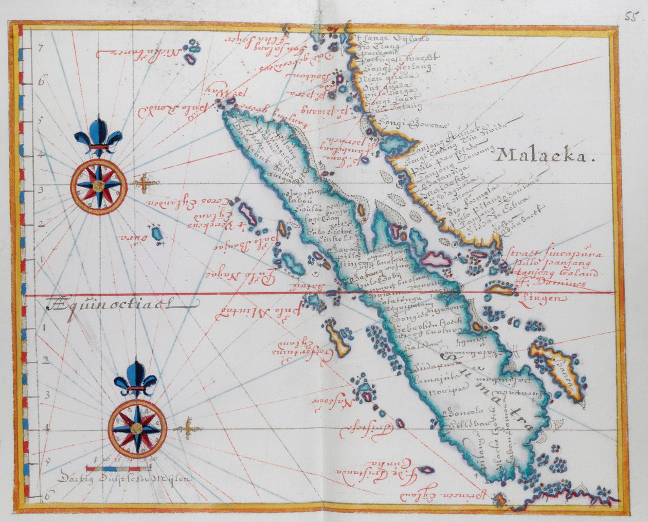 Kort, der viser Malacca og Sumatra, det vestlige Indonesien, en del af Sunda-øerne. af Dutch School