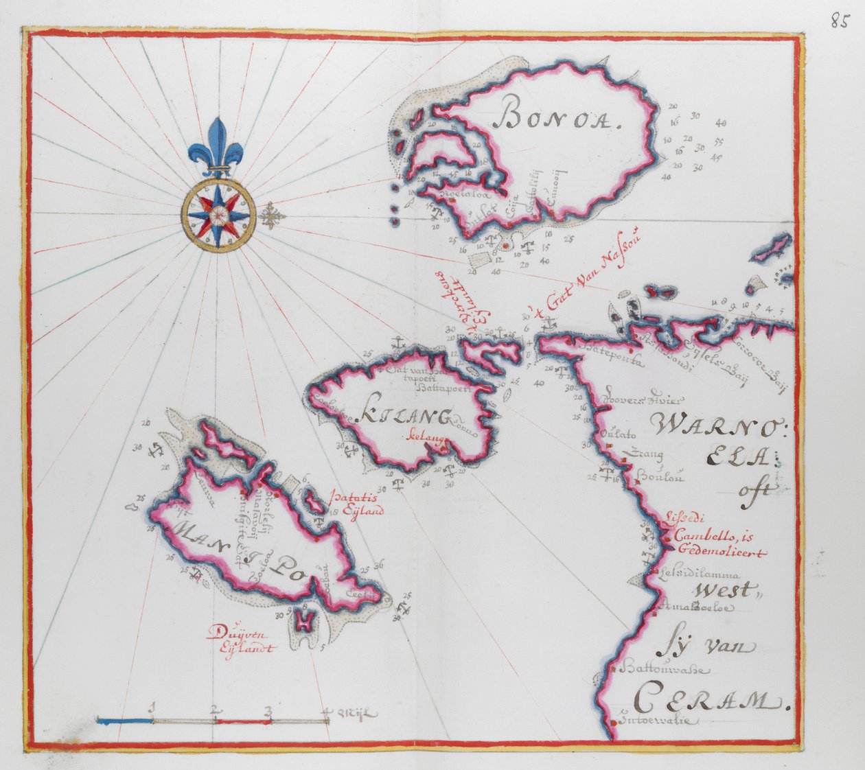 Kort, der viser en del af øen Ceram (Seram) og Bonoa (Boano-øen) og Kelang-øen og Manipa-øen. af Dutch School