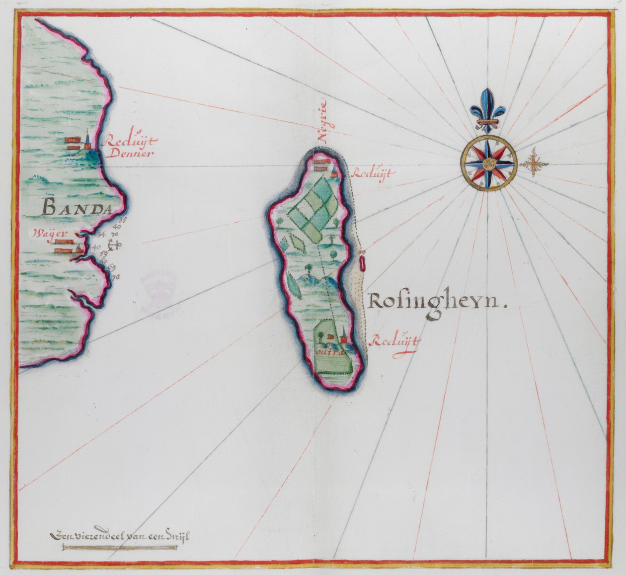Kort, der viser en lille del af Banda Besar (Lonthoir) og Hatta (Rosengain.) Bnda-øerne, en del af den indonesiske provins Maluku. af Dutch School
