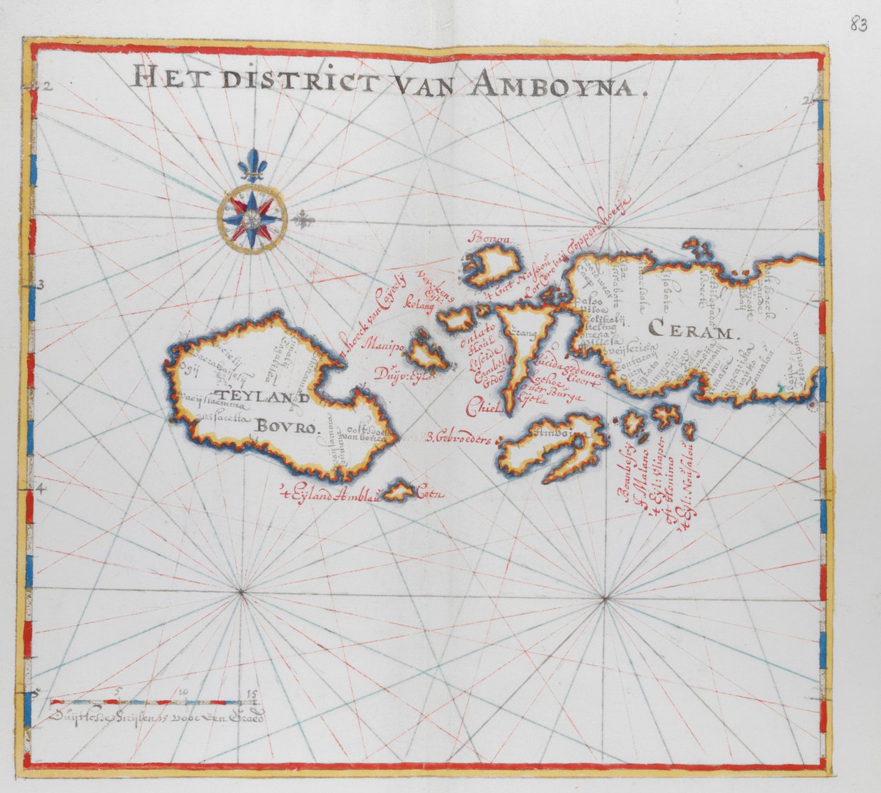 Kort, der viser øerne Bouro og Ceram (Seram), Indonesien. af Dutch School