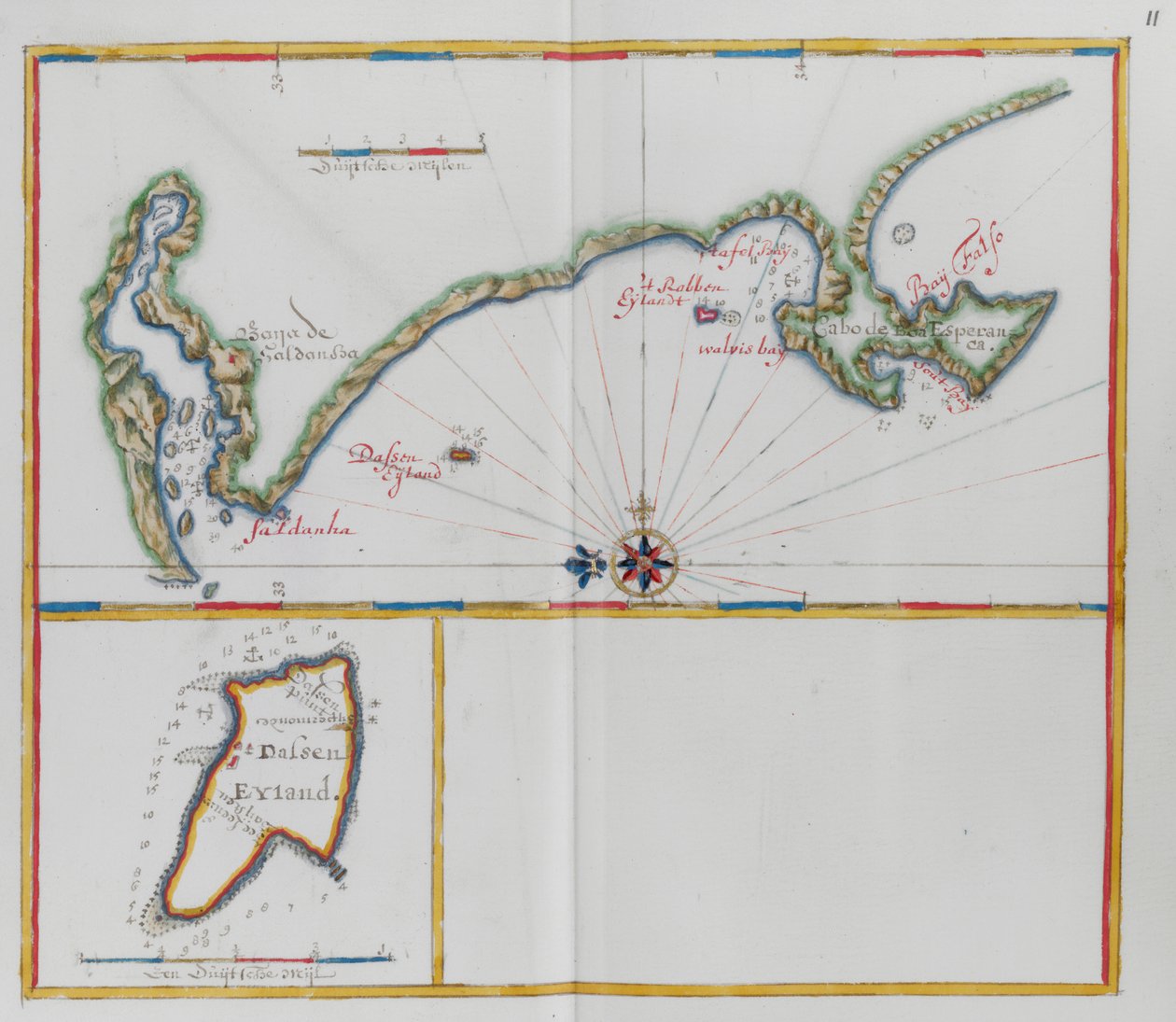 Kort, der viser Dassen Island, en sydafrikansk ø, og kysten modsat. af Dutch School