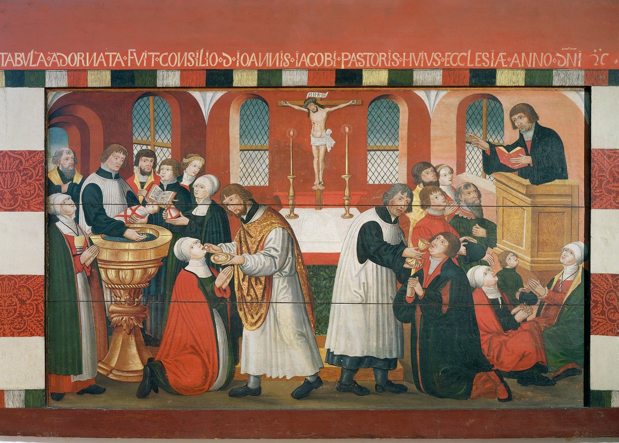 Martin Luther prædiker, detalje fra Torslunde Kirkes altertavle af Dutch School