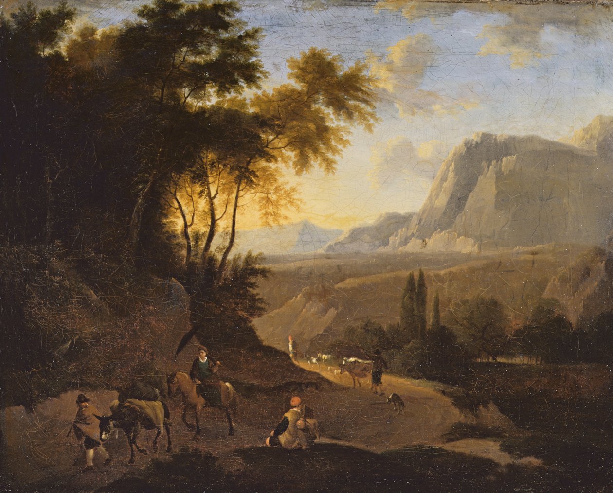 Bjerglandskab med figurer, slutningen af det 17. århundrede (olie på lærred) af Dutch School