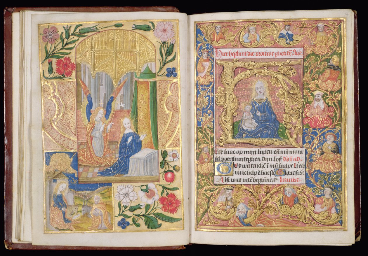 Ms 144, ff.13v-14r: Bebudelsen og Jomfru og Barn, miniaturer fra en Timebog, Brug af Utrecht, c.1500-20 (bladguld og guld & farvet blæk på pergament) af Dutch School