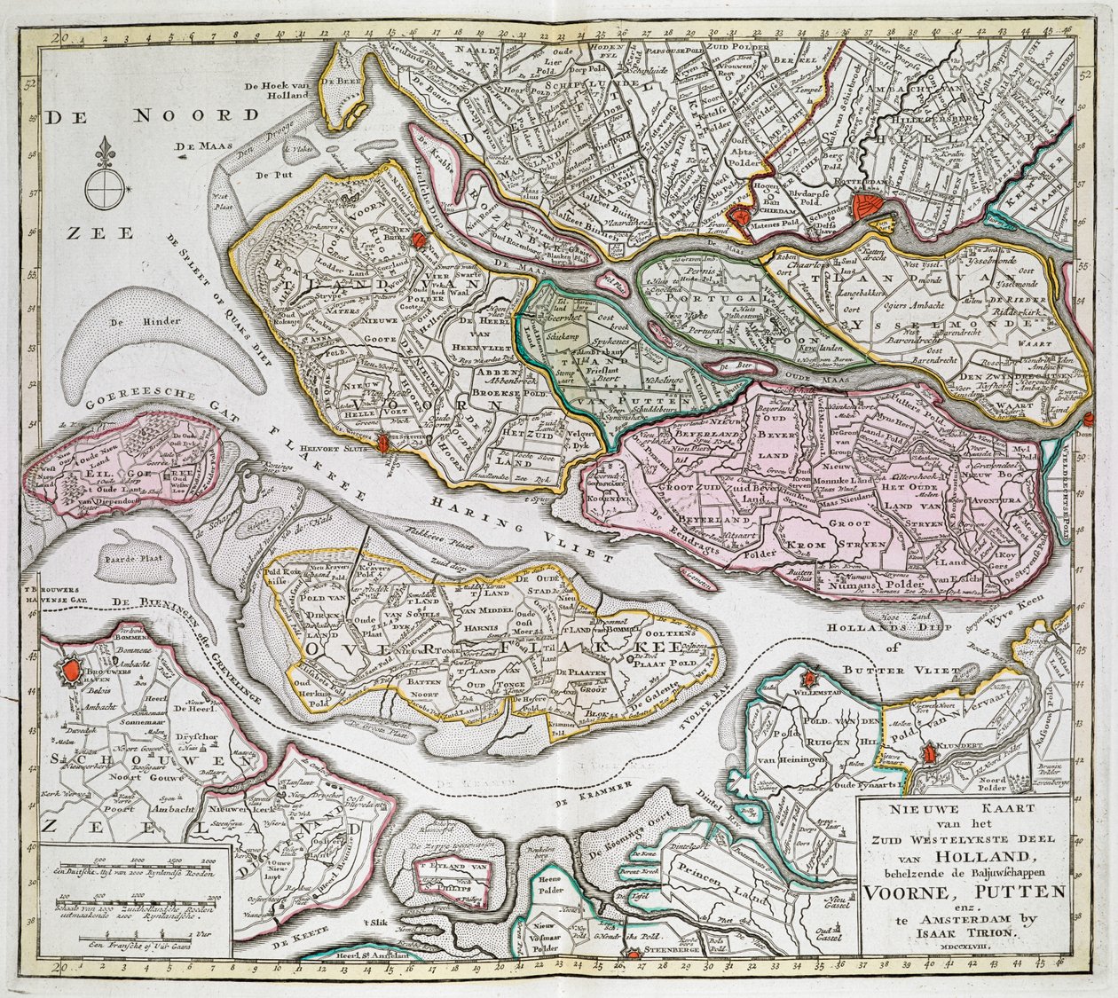 Nyt kort over den sydvestlige del af Holland, inklusive fogederne i Voorne, Putten osv. [Seksogtredive kort over Holland]Isaak TirionMellem 1739 og 1757. af Dutch School
