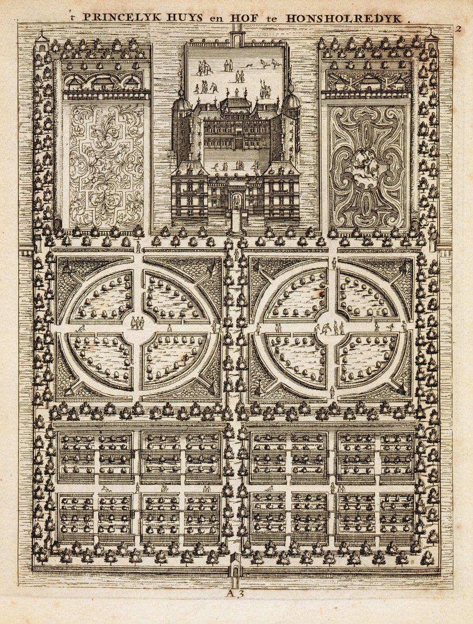 Palace of Honsholredyk, fra The Dutch Gardener af Johann van der Groen, udgivet 1699 af Dutch School